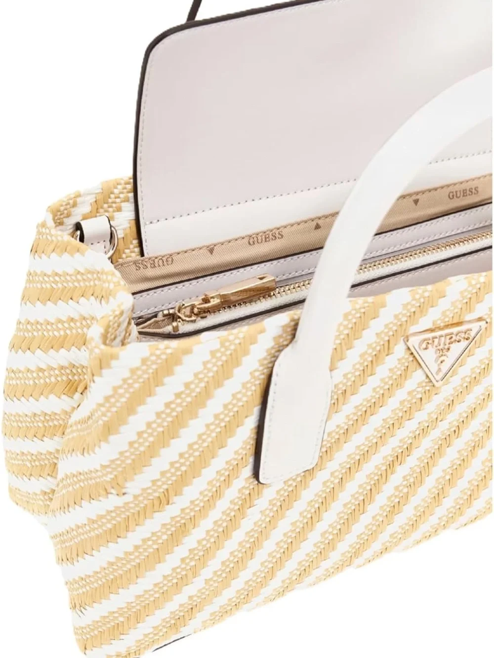 GUESS White & Beige Diagonal-Stripes Satchel with Gold Hardware